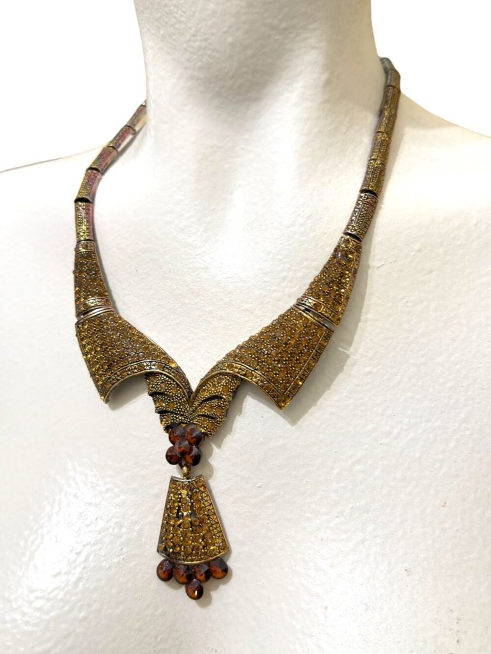 Vintage Gold-Tone Ornate Necklace With Amber Crystal Pendant & Intricate Details - Picture 8 of 11